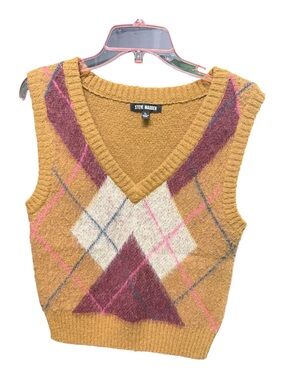 Steve Madden Ella Argyle Sweater Vest L Wool Blend Brushed V Neck Tan Plaid Knit